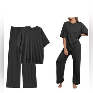 Black 2 Pc Lounge Set Short Sleeve Top and Long Pants